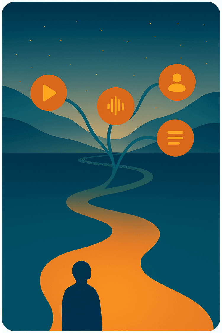 A learner walking a winding path through a stylized landscape, with video, audio, profile and text icons blossoming above.